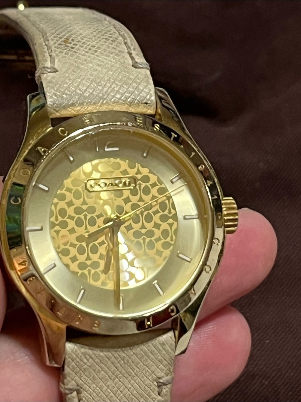 Coach Gold-Tone Logo Dial Watch with Ivory Leather Strap